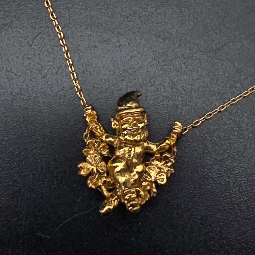 Franklin Mint Leprechaun Pendant Necklace Shamrock St Patrick's Gold Tone